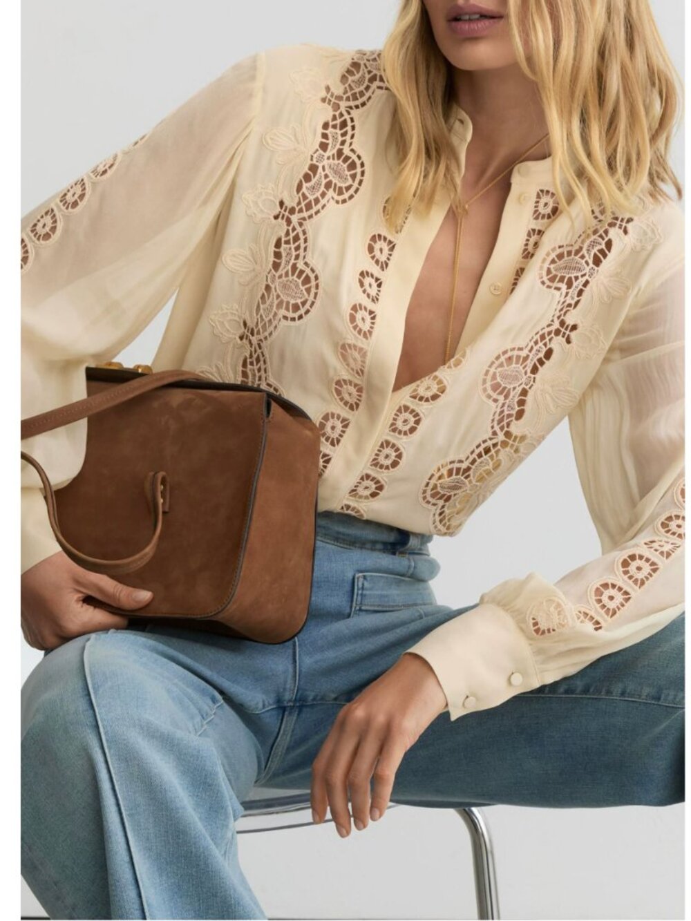 Best Reiss Mia Blouse Top Pale Yellow Cutwork-Embroidery Sheer-Sleeve French